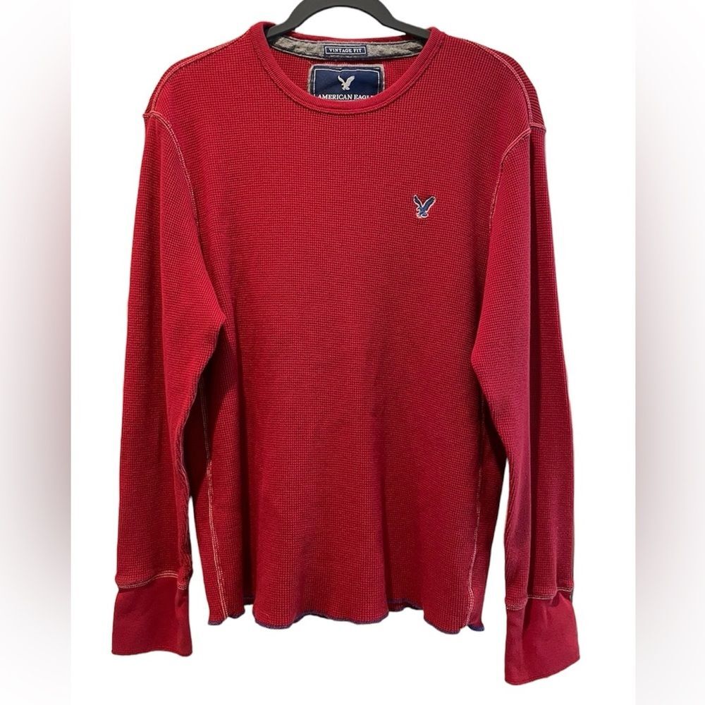 American Eagle Long Sleeve Waffle T-shirt Red W/ Gray Flannel Turn Cuffs Size XL